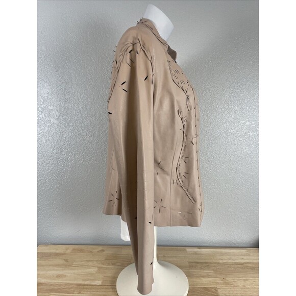 AK ANNE KLEIN Tan Cutaway Leather Jacket Blazer Button Stand Up Collar Sz M - Picture 3 of 10